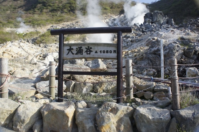 大涌谷温泉の看板と湯気の出る岩場